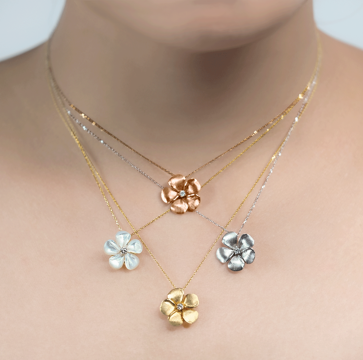 Mother of Pearl Kalachuchi Necklace, Small, with Diamond and Chain (available in yellow, white, and rose gold)