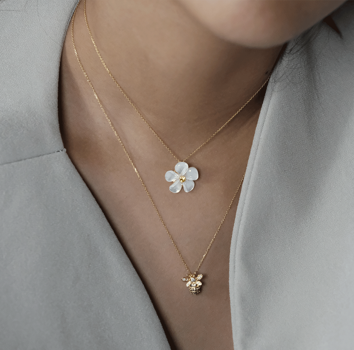 Mother of Pearl Kalachuchi Necklace, Small, with Diamond and Chain (available in yellow, white, and rose gold)
