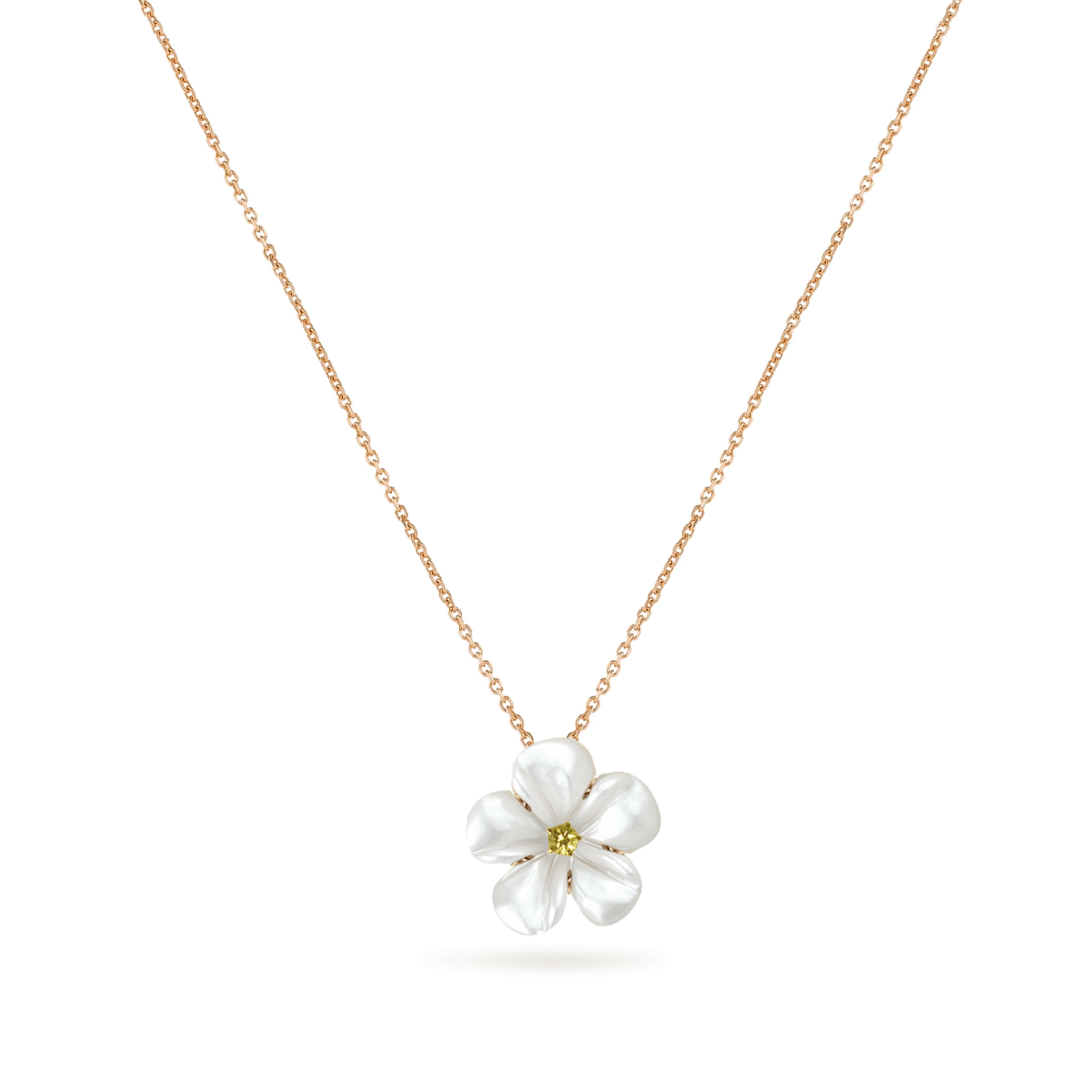 Mother of Pearl Kalachuchi Necklace, Small, with Diamond and Chain (available in yellow, white, and rose gold)