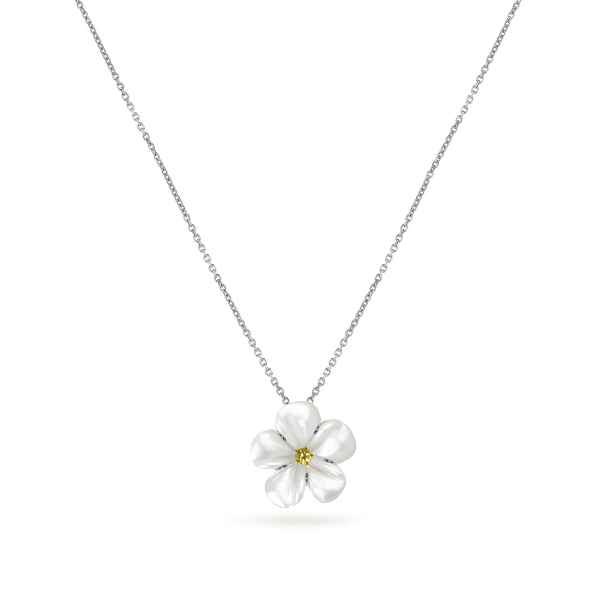 Mother of Pearl Kalachuchi Necklace, Small, with Diamond and Chain (available in yellow, white, and rose gold)