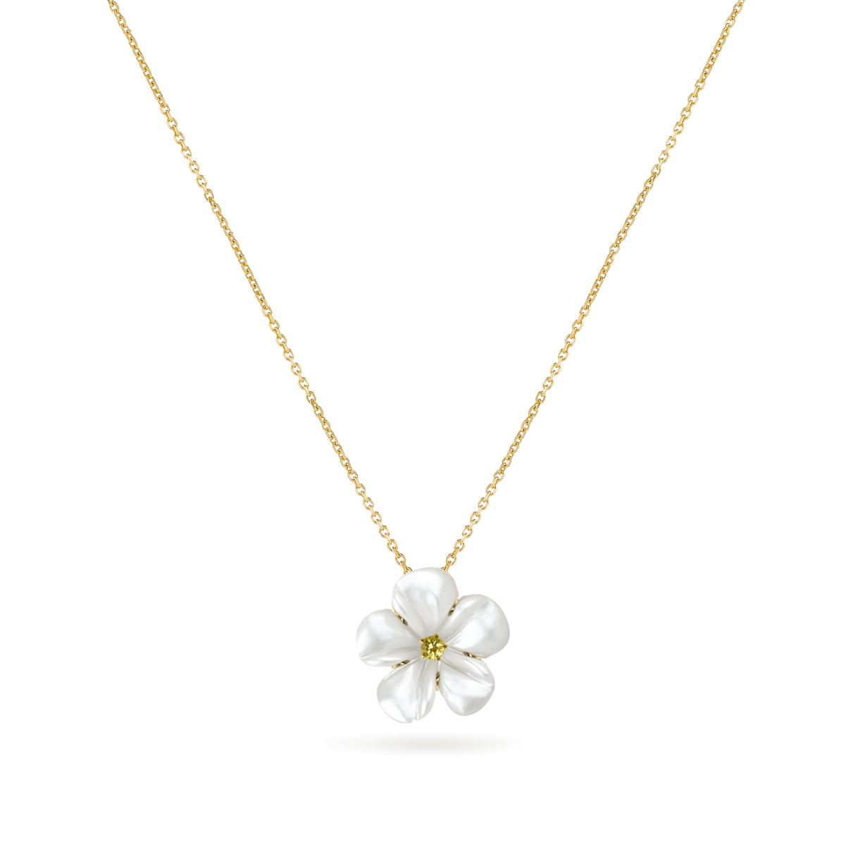 Mother of Pearl Kalachuchi Necklace, Small, with Diamond and Chain (available in yellow, white, and rose gold)