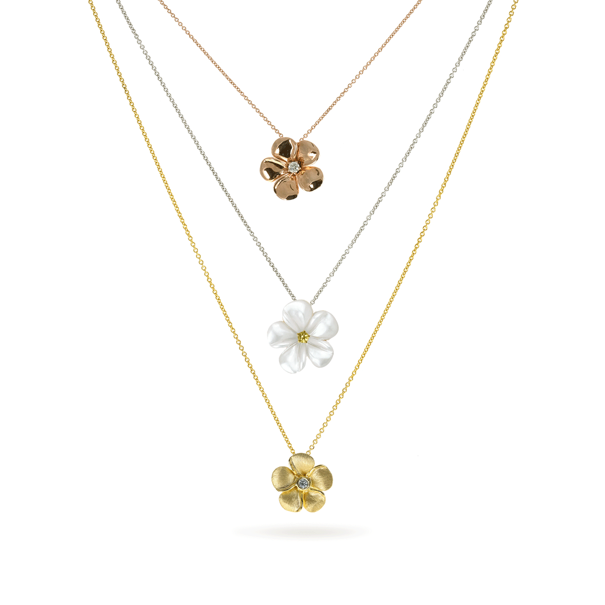 Mother of Pearl Kalachuchi Necklace, Small, with Diamond and Chain (available in yellow, white, and rose gold)