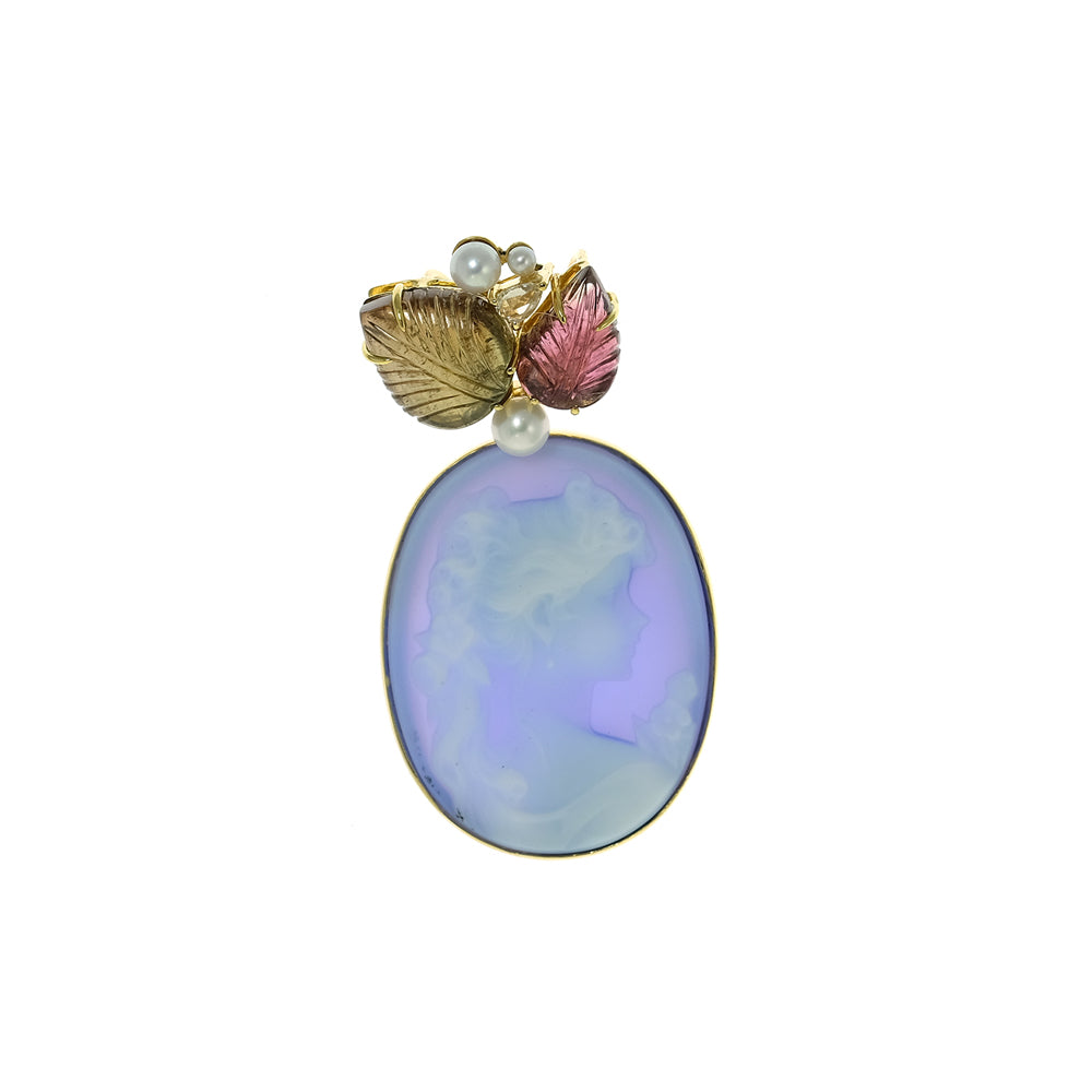Blue Agate Cameo, Tourmaline Leaves and Sapphire Pendant