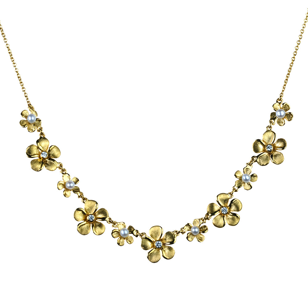 Diamond Kalachuchi Necklace, with Pearls, Assorted Sizes, Satin Finish