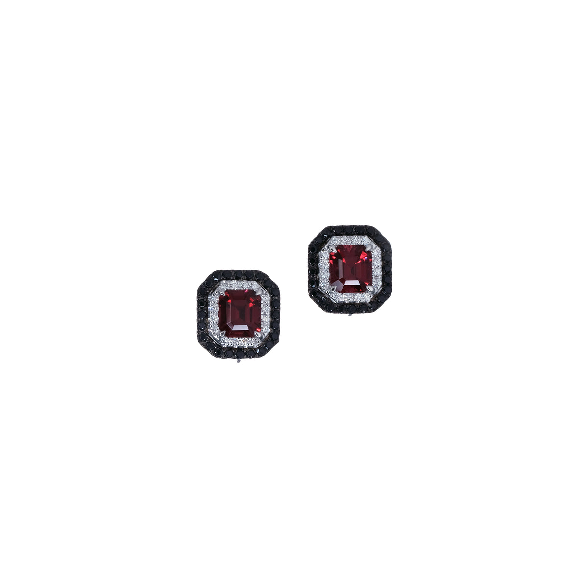 Red Spinel, White Diamonds and Black Spinel Earrings