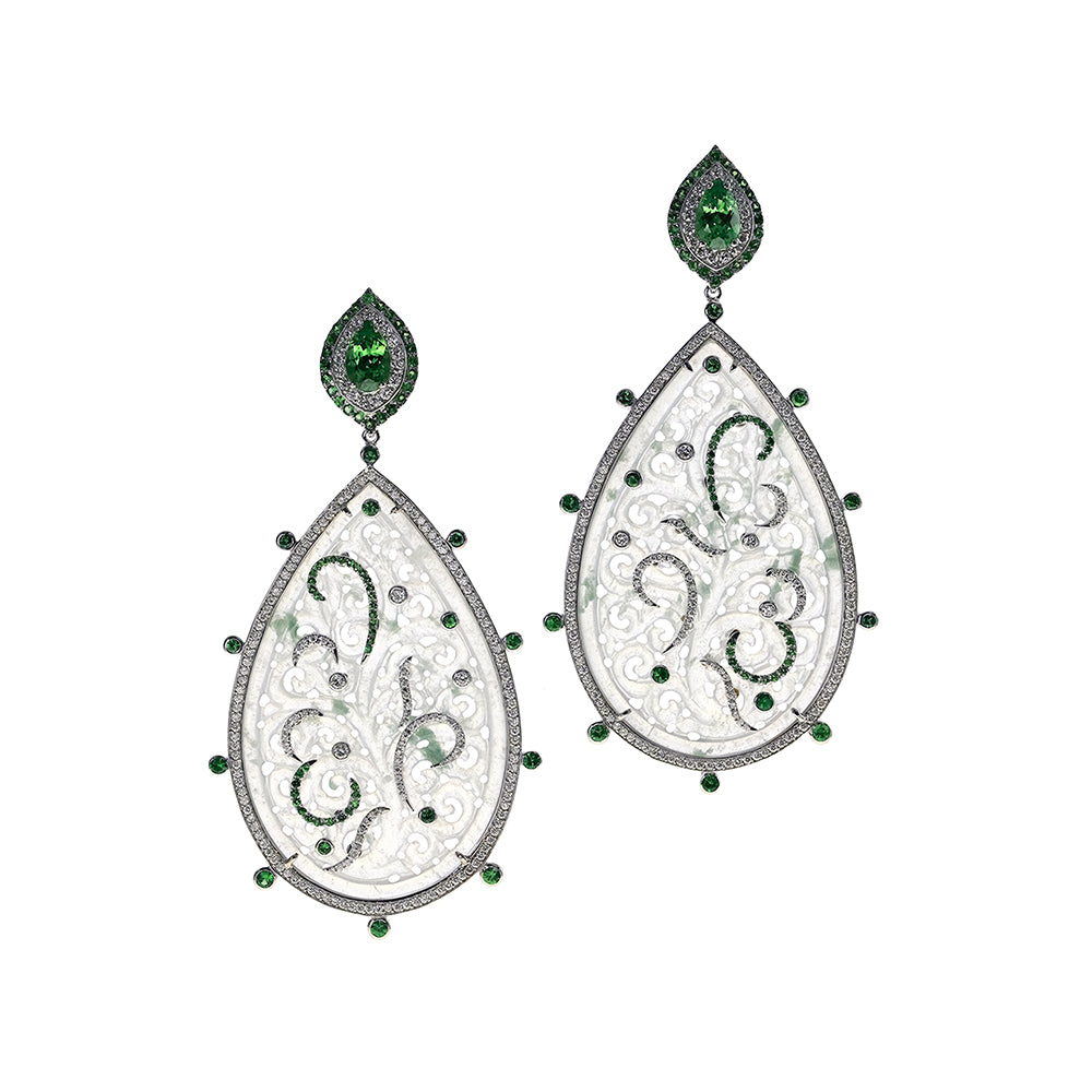Tsavorite, Diamond, and White Jade Earrings