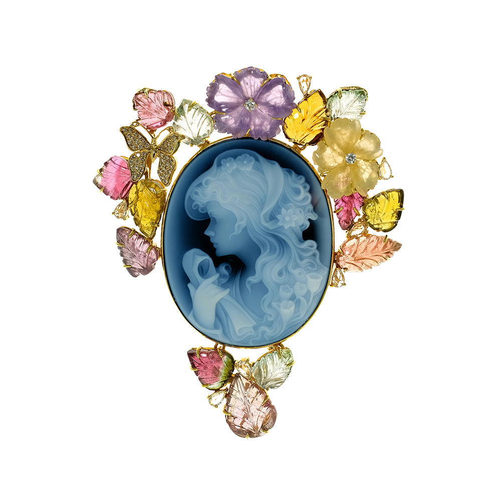 Agate Cameo, Tourmaline and Amethyst Carved Leaf and Flower Brooch