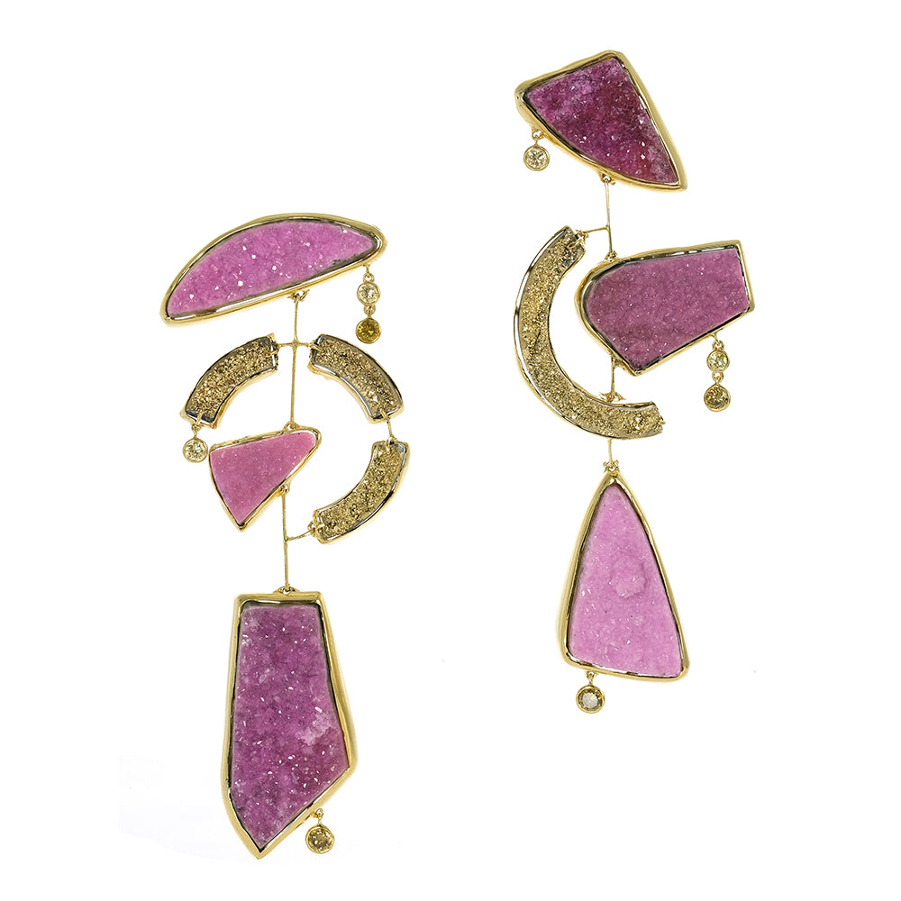 Cobalto Calcite, Gold Druzy Agate and Yellow Diamond Earrings