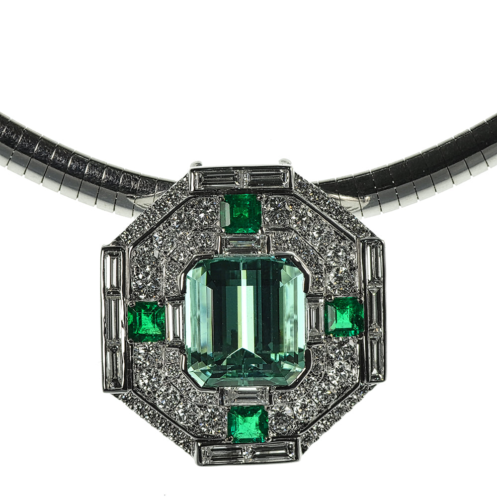 African Tourmaline, Diamonds and Green Emerald Pendant