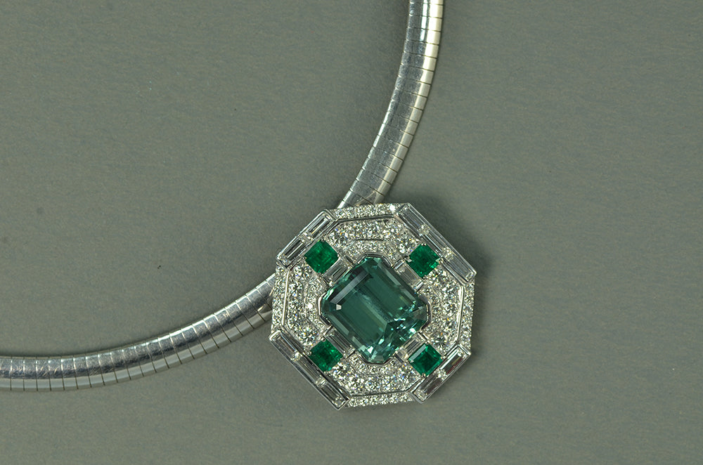 African Tourmaline, Diamonds and Green Emerald Pendant