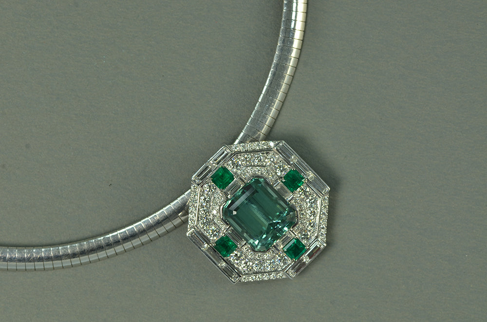 African Tourmaline, Diamonds and Green Emerald Pendant
