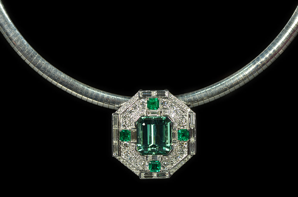 African Tourmaline, Diamonds and Green Emerald Pendant