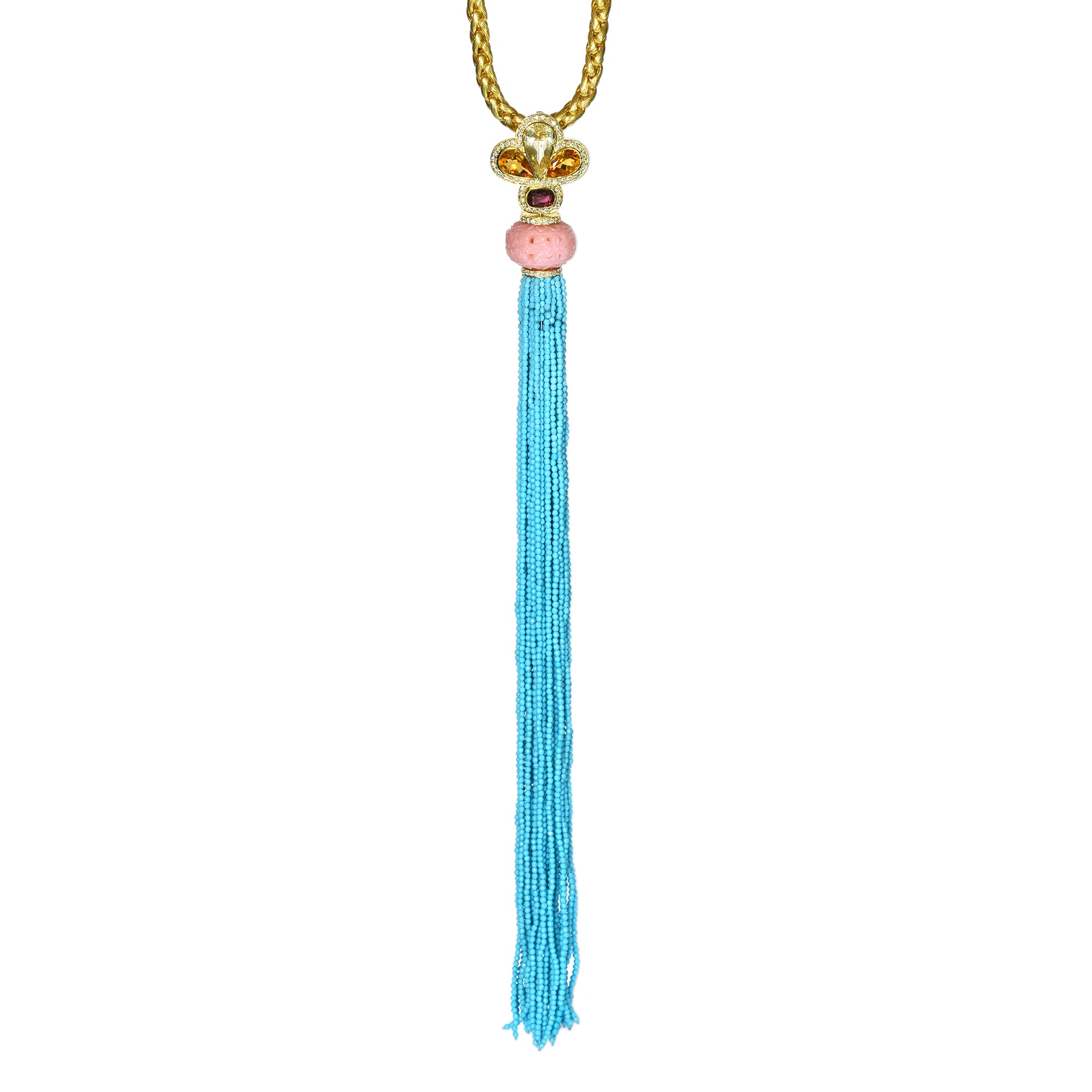 Carved Pink Opal, Yellow Beryl and Turquoise Beads Necklace