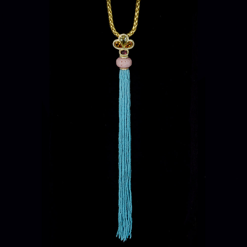 Carved Pink Opal, Yellow Beryl and Turquoise Beads Necklace