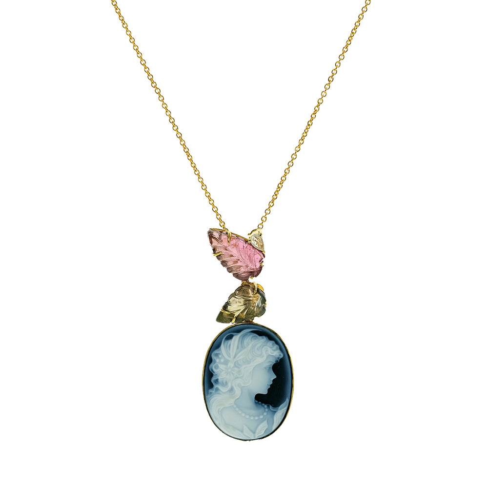 Blue Agate Cameo, Tourmaline Leaves and Sapphire Pendant