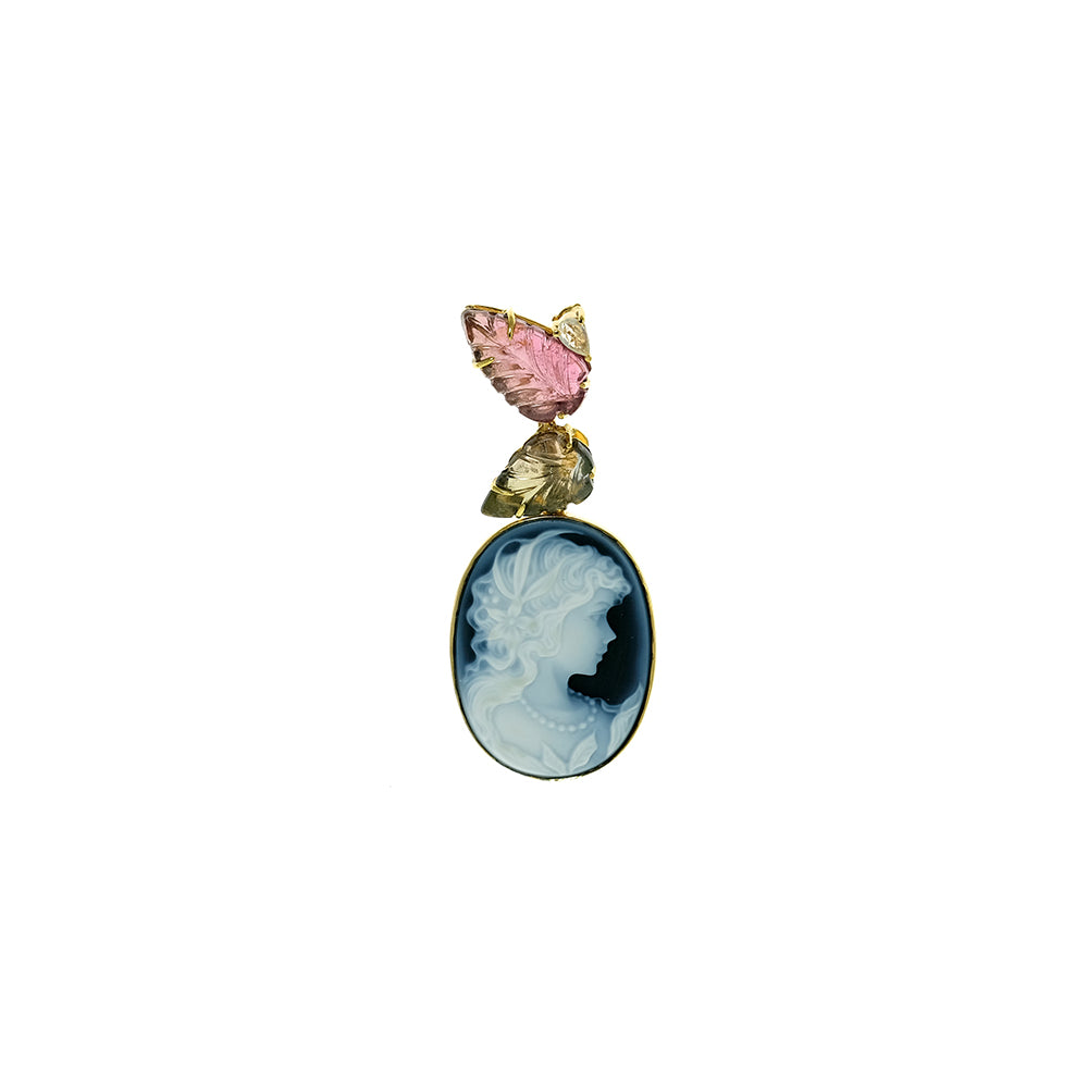 Blue Agate Cameo, Tourmaline Leaves and Sapphire Pendant
