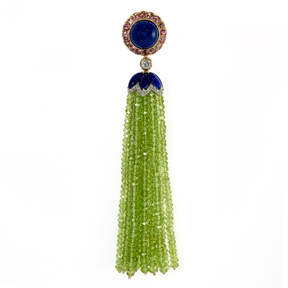 Lapis Lazuli, Sapphires, Diamond Pendant with Peridot Tassel