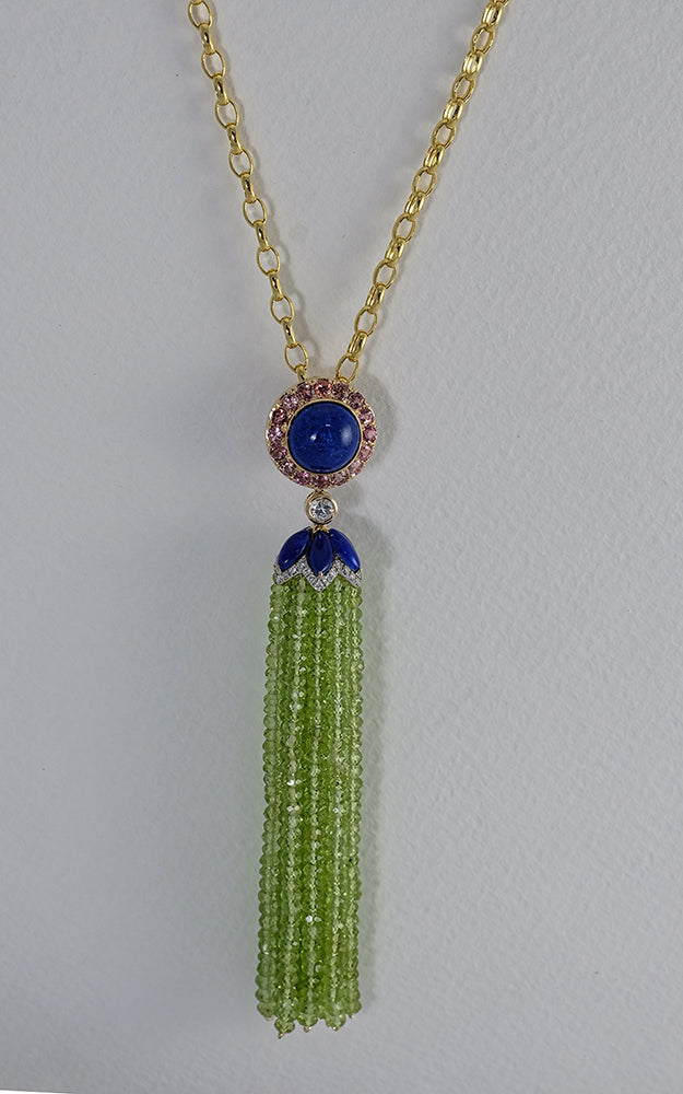 Lapis Lazuli, Sapphires, Diamond Pendant with Peridot Tassel