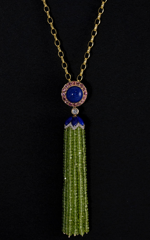 Lapis Lazuli, Sapphires, Diamond Pendant with Peridot Tassel
