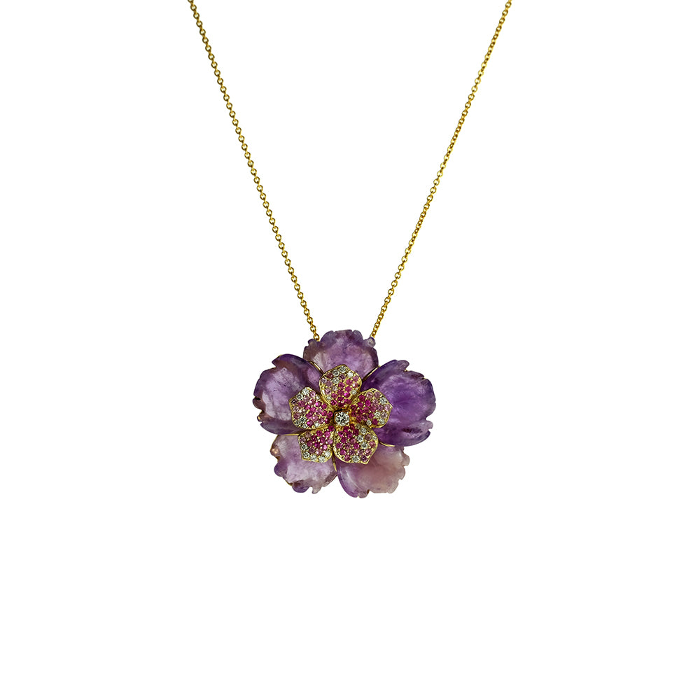 Amethyst Flower, Sapphire and Diamond Pendant