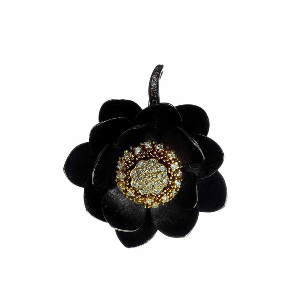 Lotus Pendant in Yellow Gold and Black Silver, Large