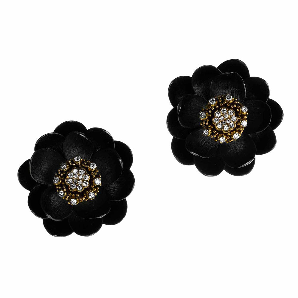 Lotus Earrings in Yellow Gold and Black Silver, Medium