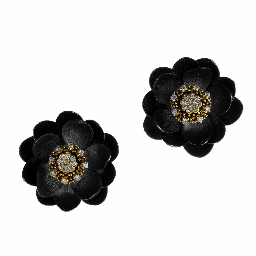 Lotus Earrings in Yellow Gold and Black Silver, Medium