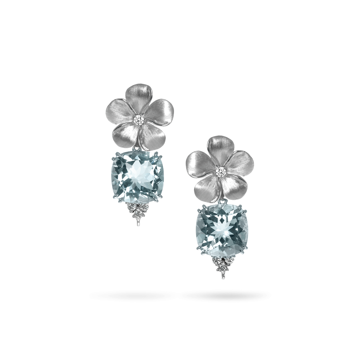 Diamond Kalachuchi Earring with Aquamarine, Small, Satin Finish, (available in yellow, white, and rose gold)