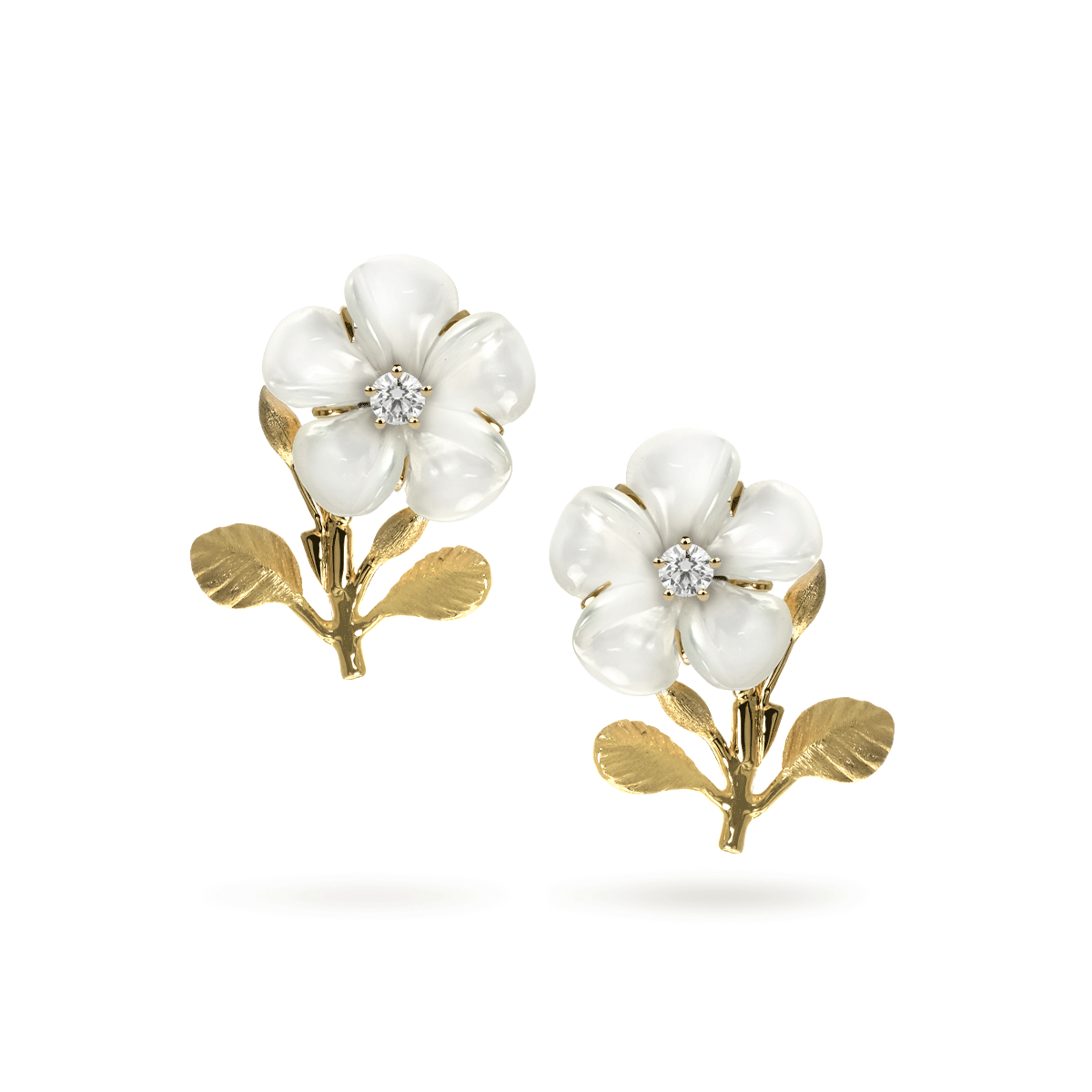 Mother of Pearl Kalachuchi Earring, with Branches, Small, with Diamond (available in yellow, white, and rose gold)