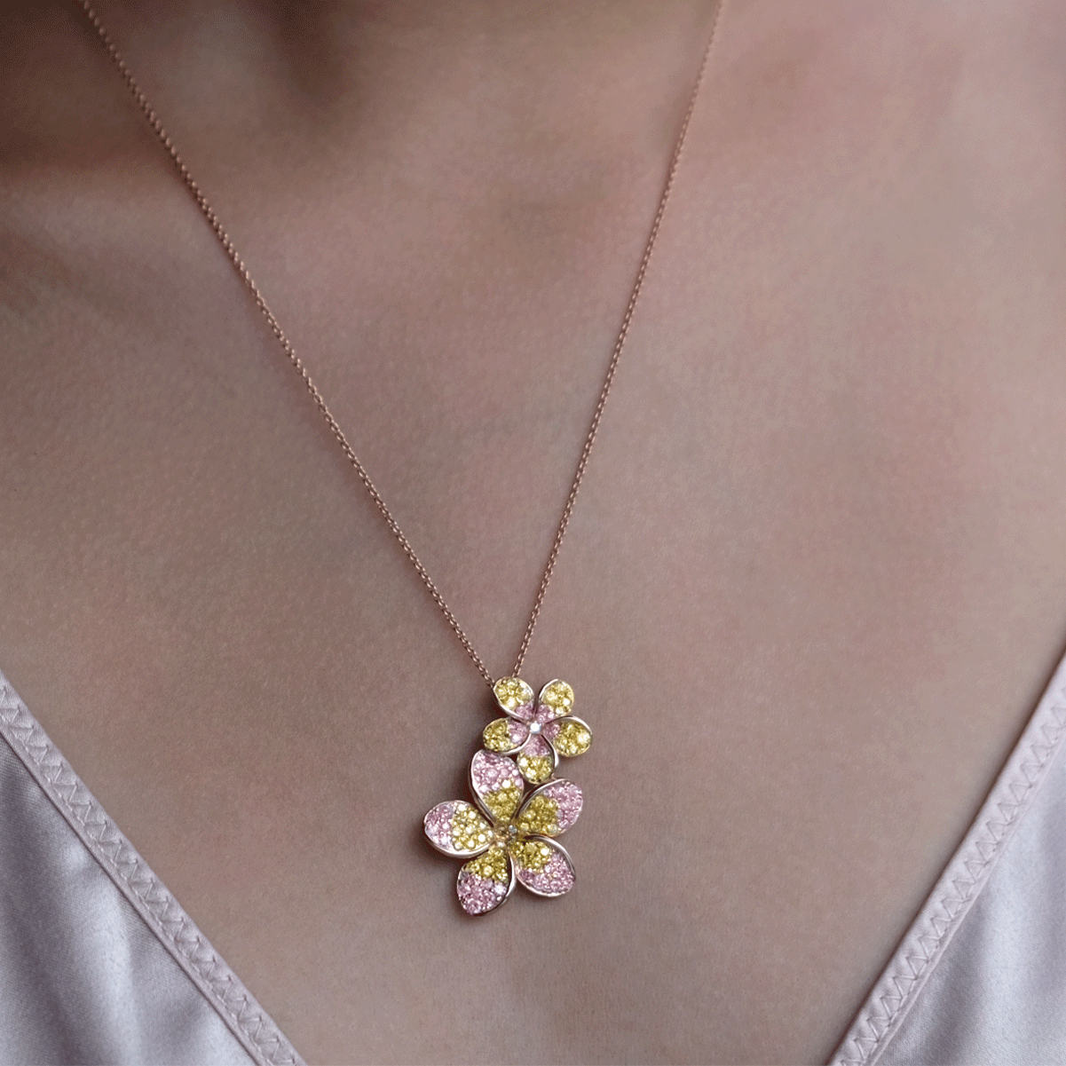 Pink and Yellow Sapphire Kalachuchi Necklace