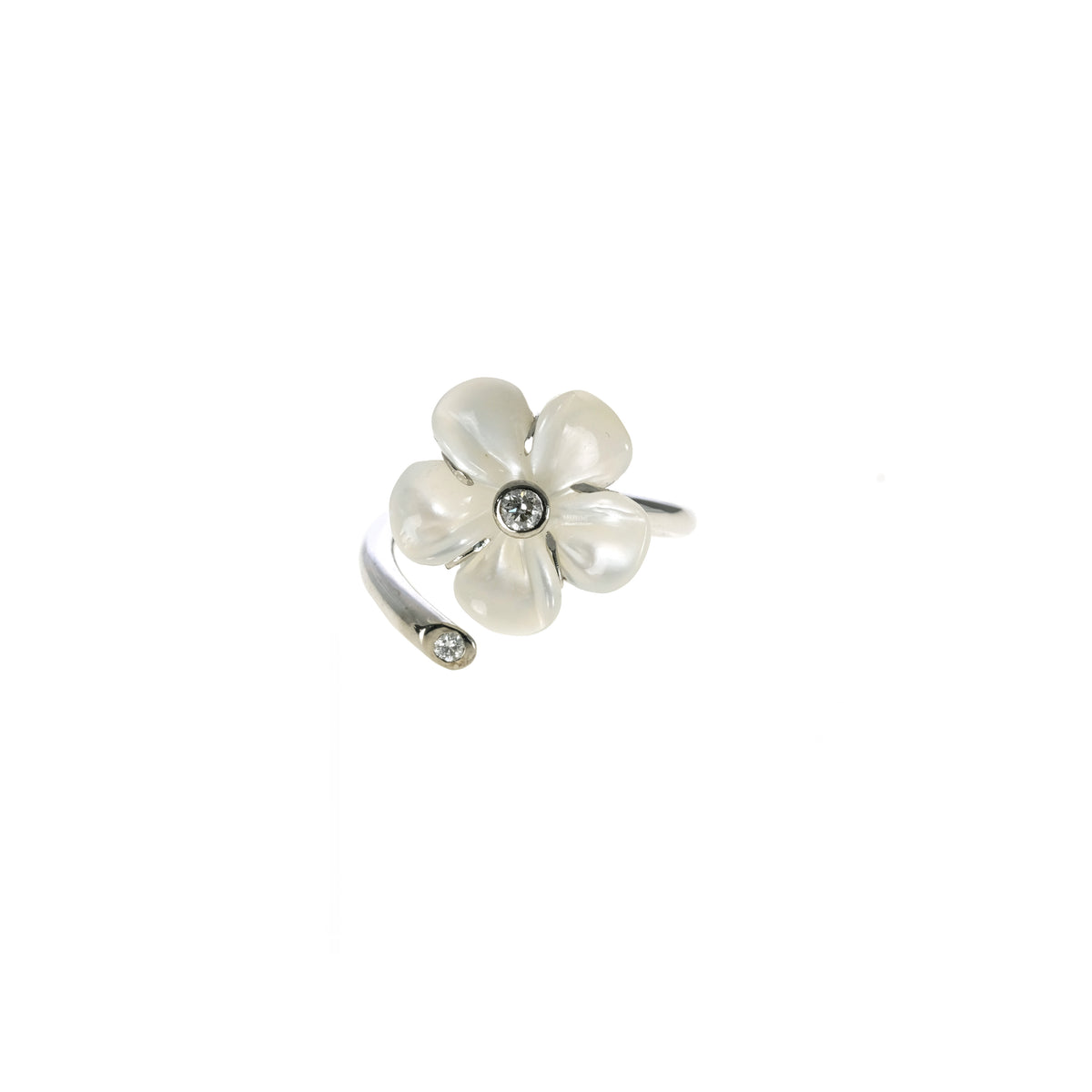 Mother of Pearl Kalachuchi Ring Gap Style, Small, with Diamond (available in yellow, white, and rose gold)