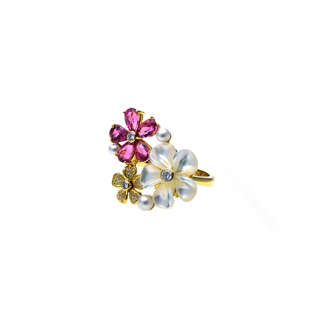 Mother of Pearl Kalachuchi Ring, Small, with Pink Tourmaline and Diamond