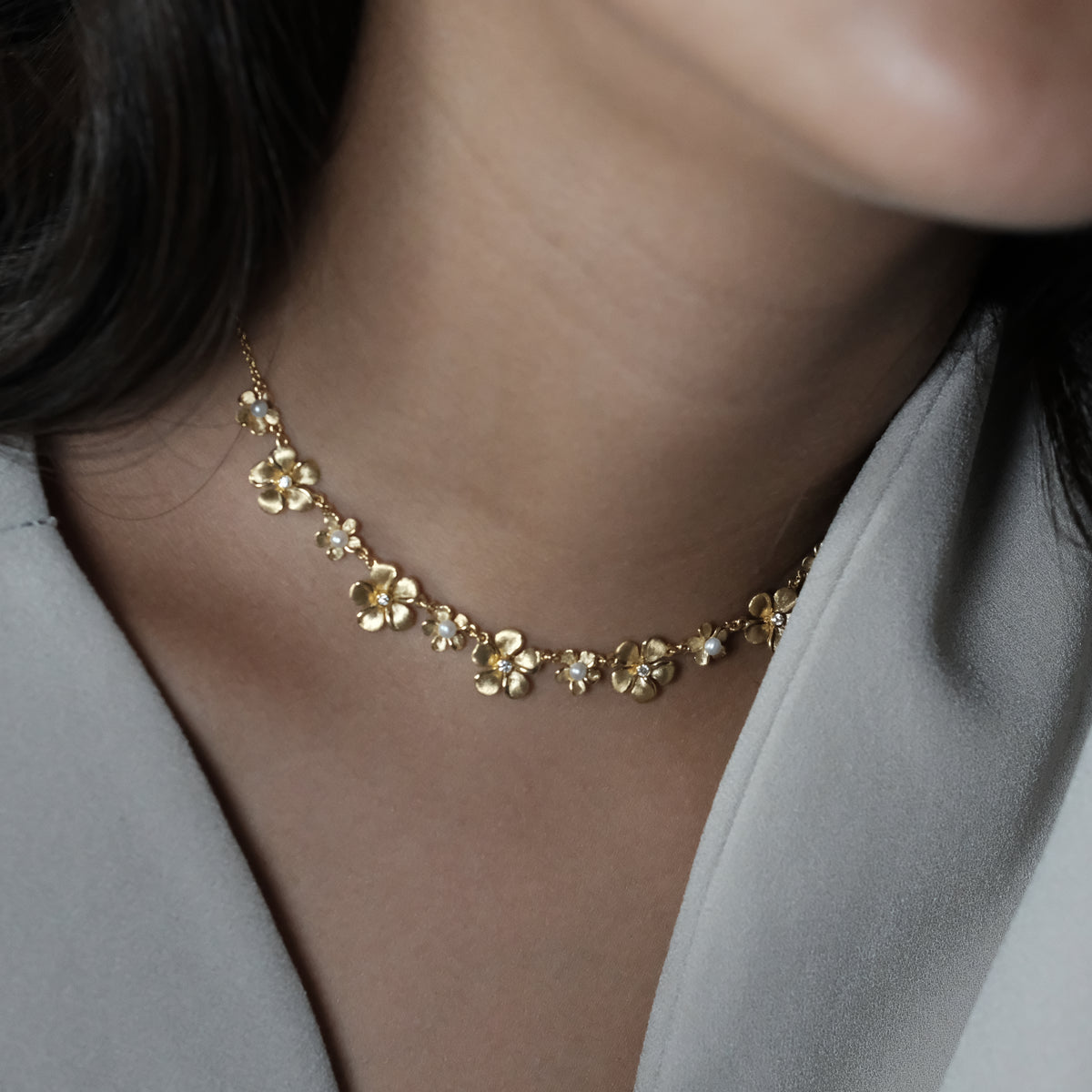 Diamond Kalachuchi Necklace, with Pearls, Assorted Sizes, Satin Finish