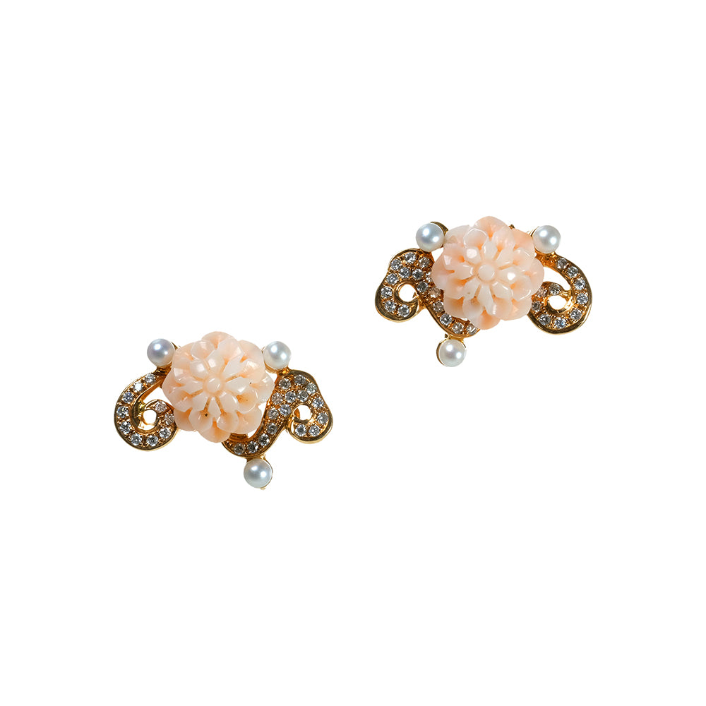 Chrysanthemum Carved Coral Earrings