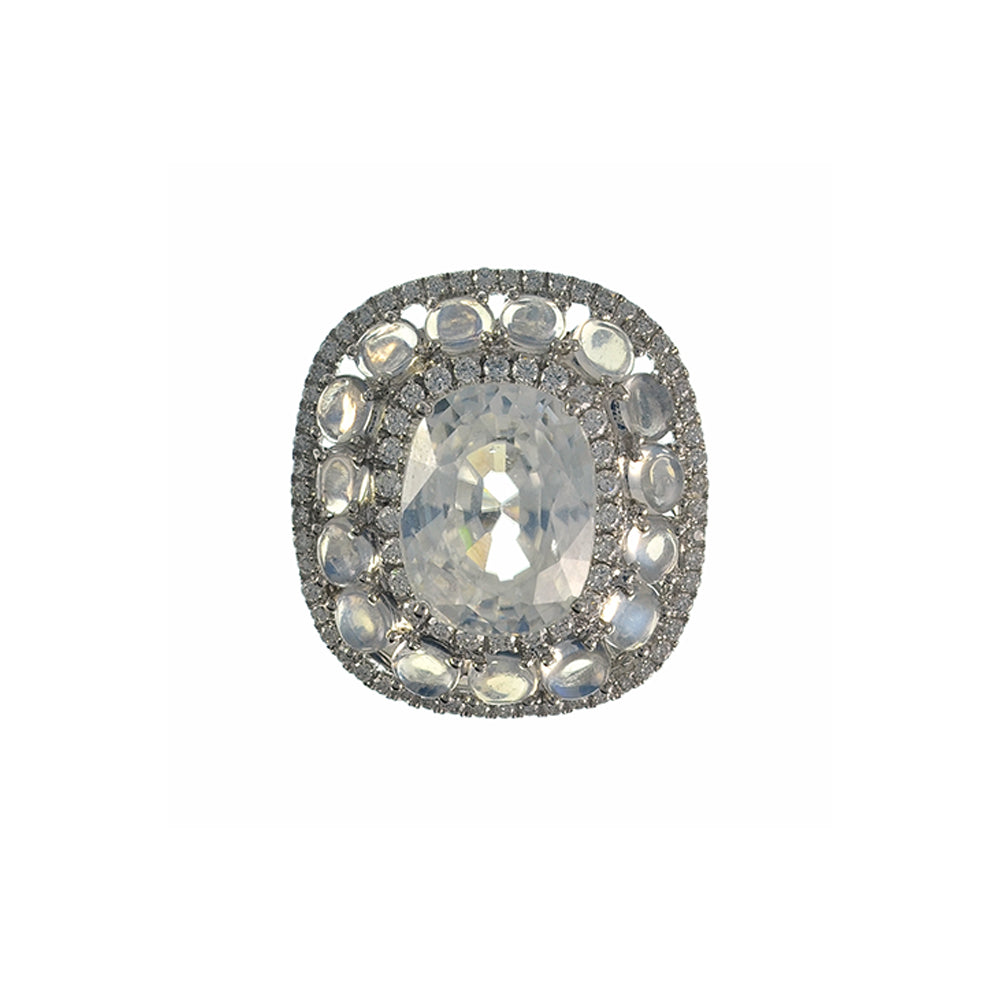 White Natural Zircon, Moonstones and Diamond Ring