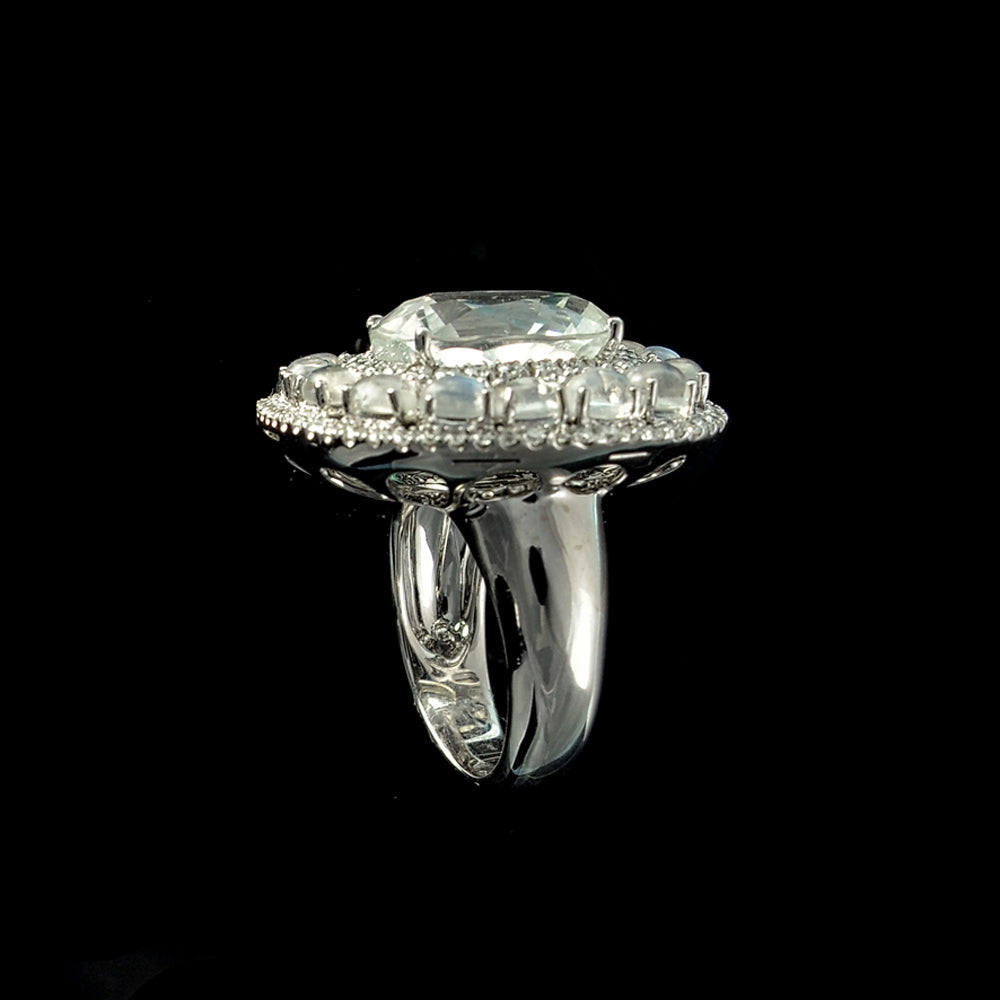 White Natural Zircon, Moonstones and Diamond Ring