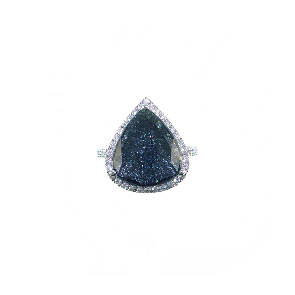 Blue-Black Tourmaline Rose Cut with diamonds underneath Ring