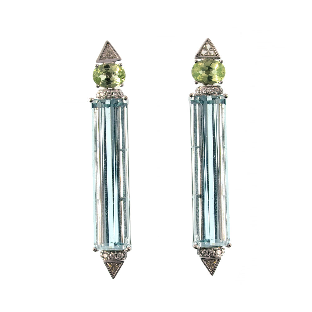 Long Aquamarine with Chrysoberyl and Trillion Diamond Earrings