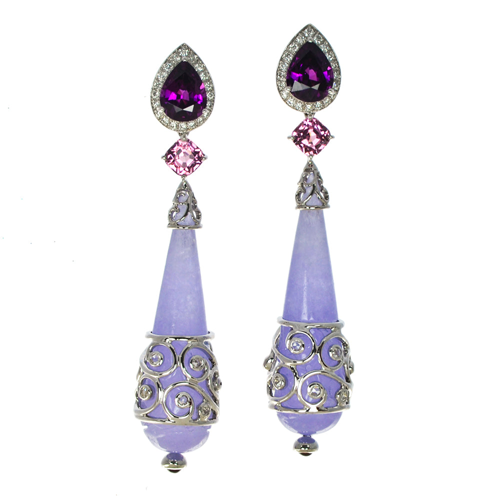 Grape Garnet, Pink Spinel, and Carved Lavender Jade Earrings