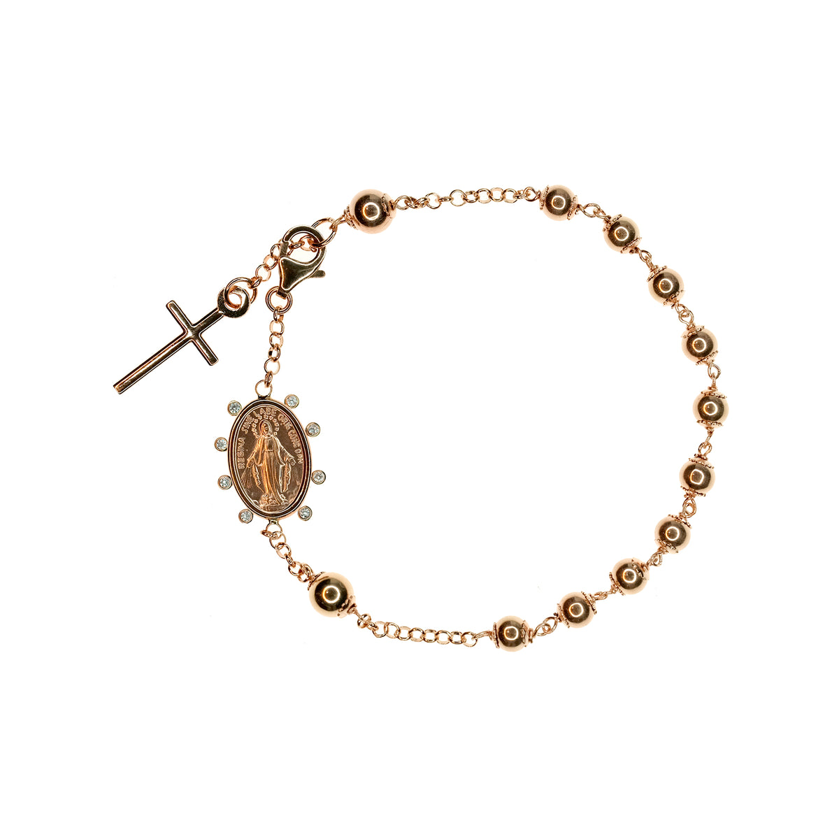 Rosary Bracelet with Miraculous Medal and Cross in Rose Gold