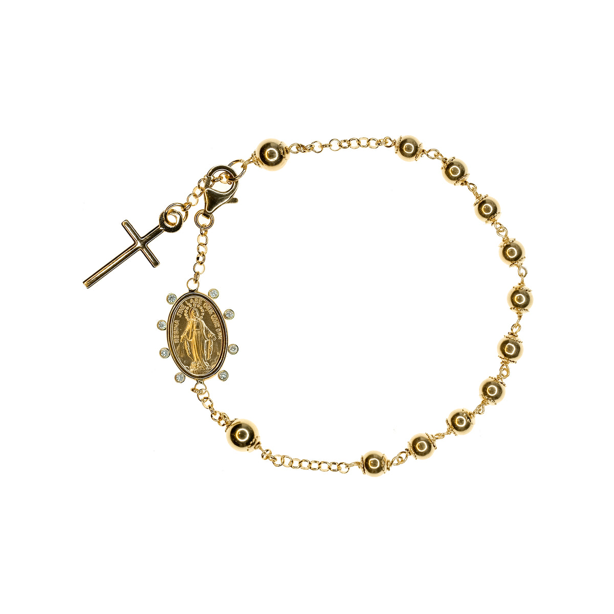 Rosary Bracelet with Miraculous Medal and Cross in Yellow Gold