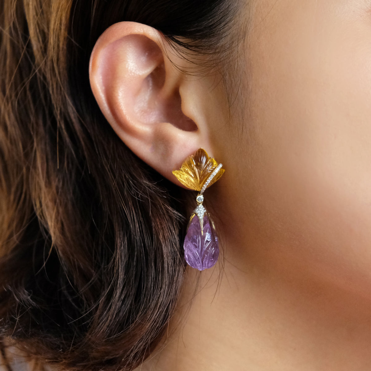 Carved Citrine and Amethyst Earrings