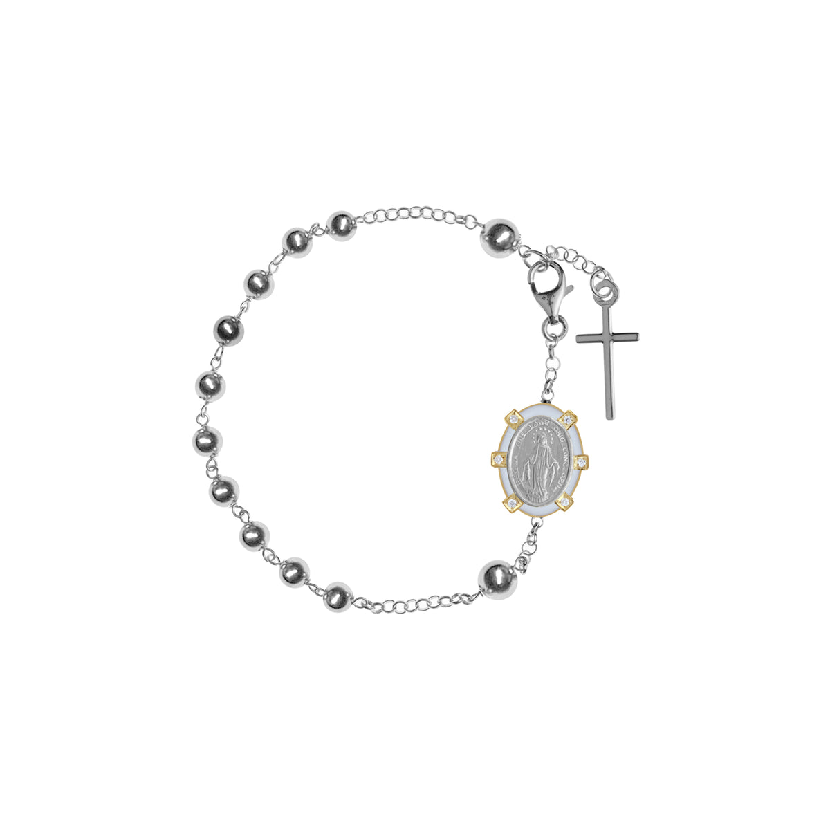 Rosary Bracelet with Miraculous Medal and Cross in White Gold