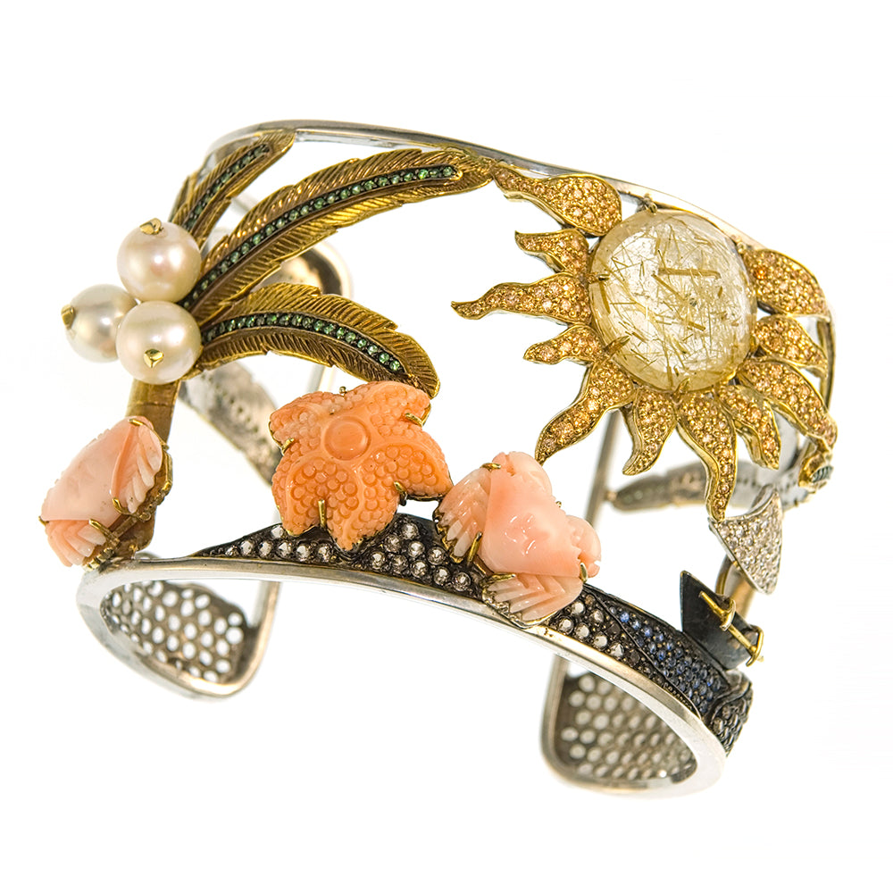 Boracay Bangle with Rutilated Quartz, Coral and Sapphires