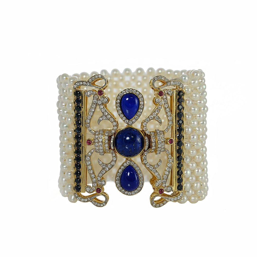 Woven Pearl Bracelet with Lapis Lazuli