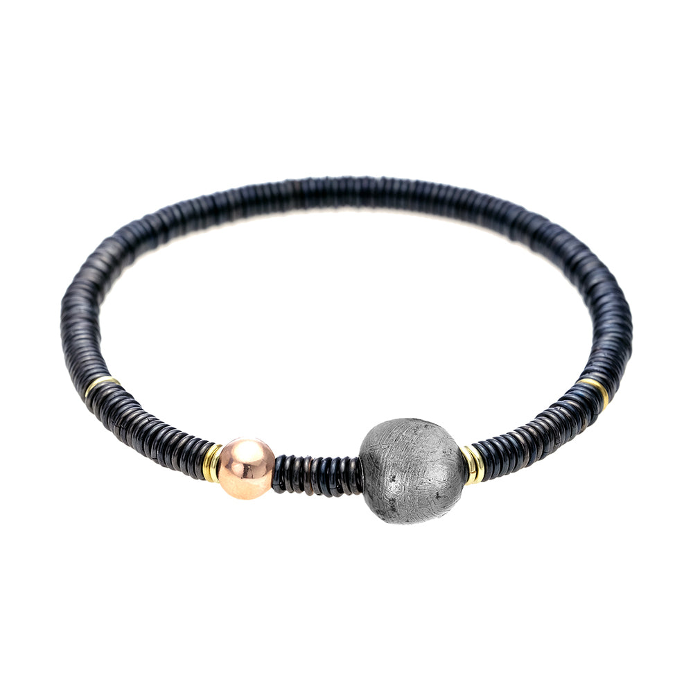 Flexible Bracelet with Meteorite, Silver, Rose Gold Ball and Gold Loops