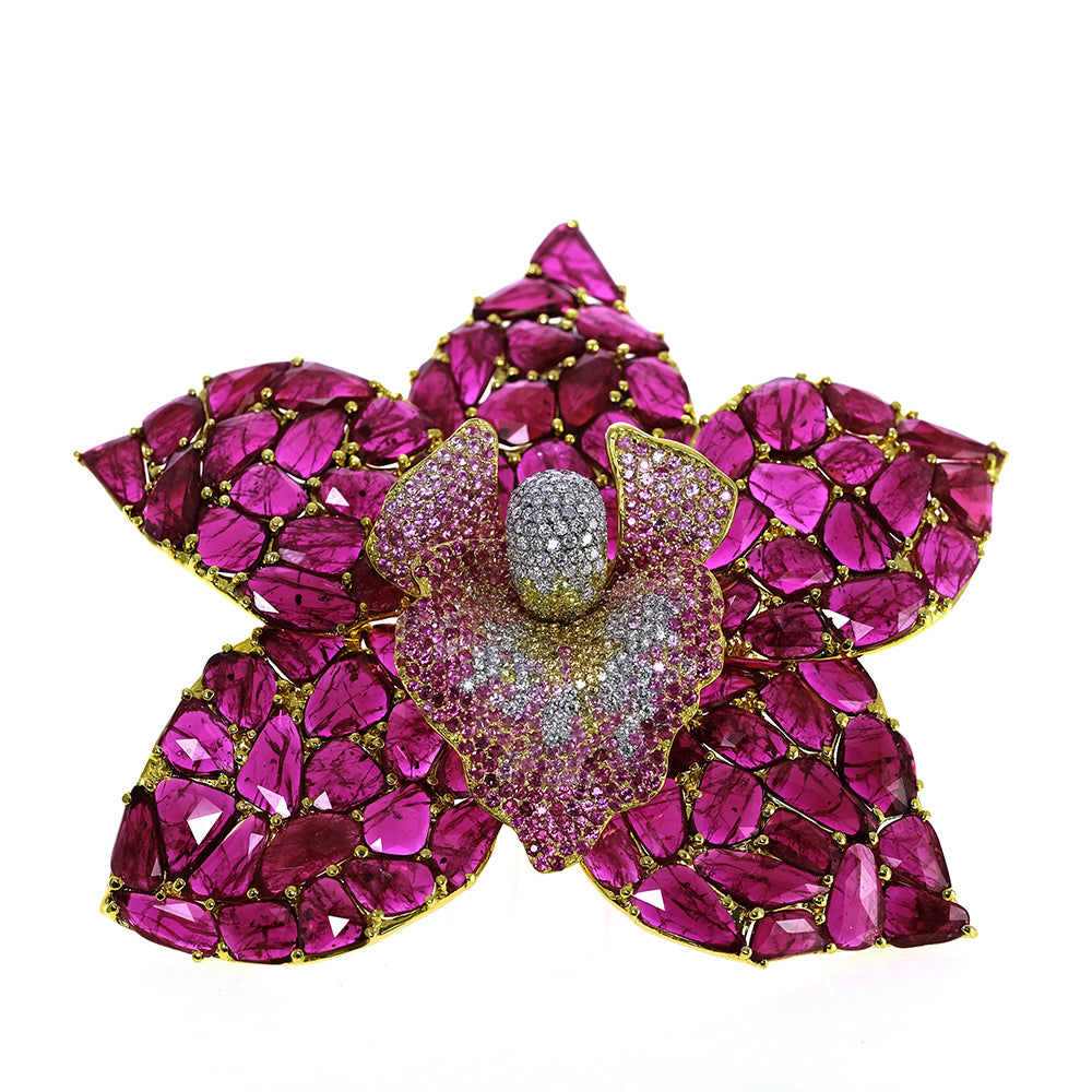 Ruby and Pink Sapphires Flower Pin