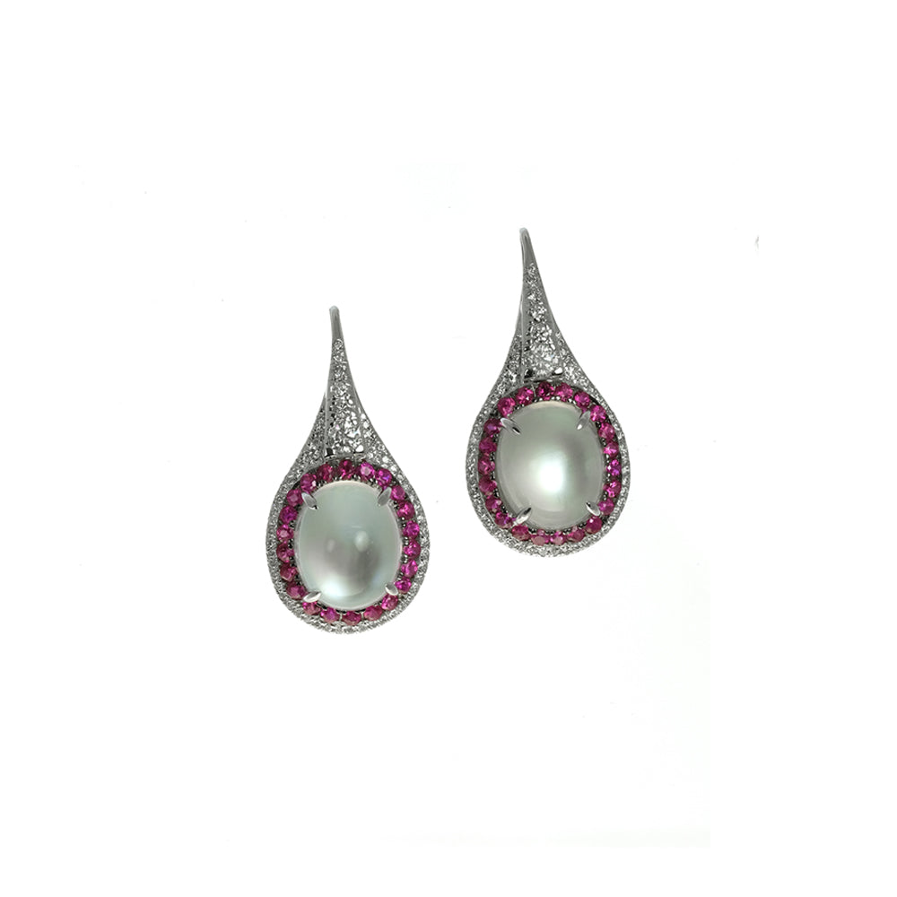 Moonstone, Ruby and Diamond Earrings
