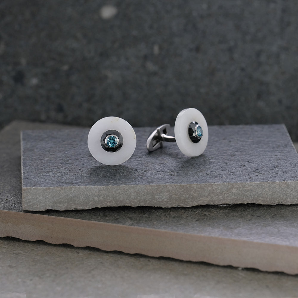 White Jade with Black and Blue Diamond Cufflinks