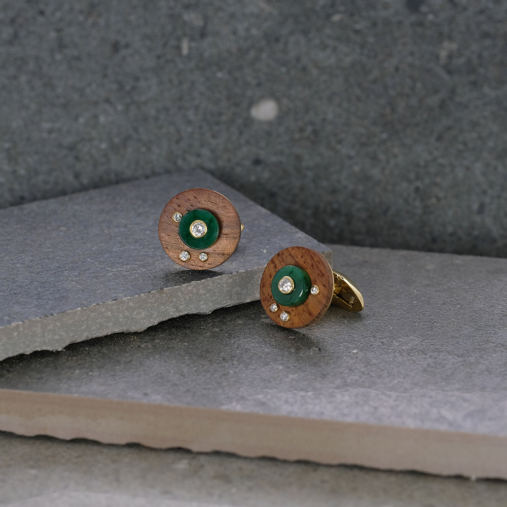 Wood with Jade and Diamond Cufflinks